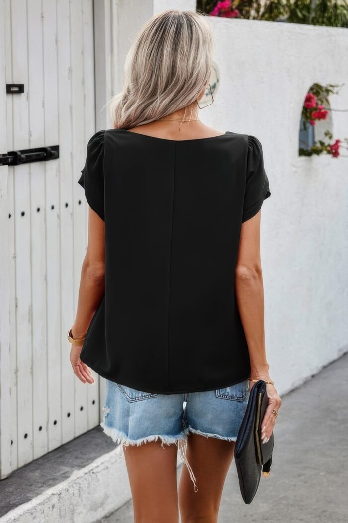 Round Neck Soild Loose Fit Puff Sleeves Blouse - Image 4
