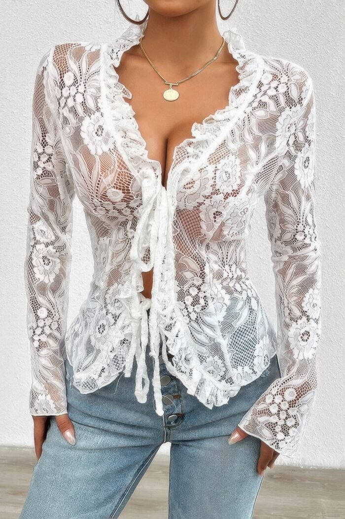 Hollow Out Lace Solid Knot Wrap Ruffle Hem Top - Image 1