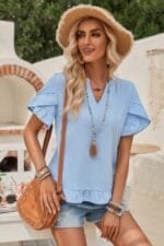 Solid V Neck Ruffle Hem Loose Fit Blouse