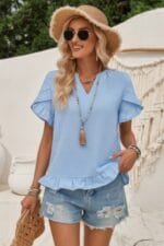 Solid V Neck Ruffle Hem Loose Fit Blouse