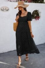 Square Neck Swiss Dot Ruffle Puff Sleeves Dress