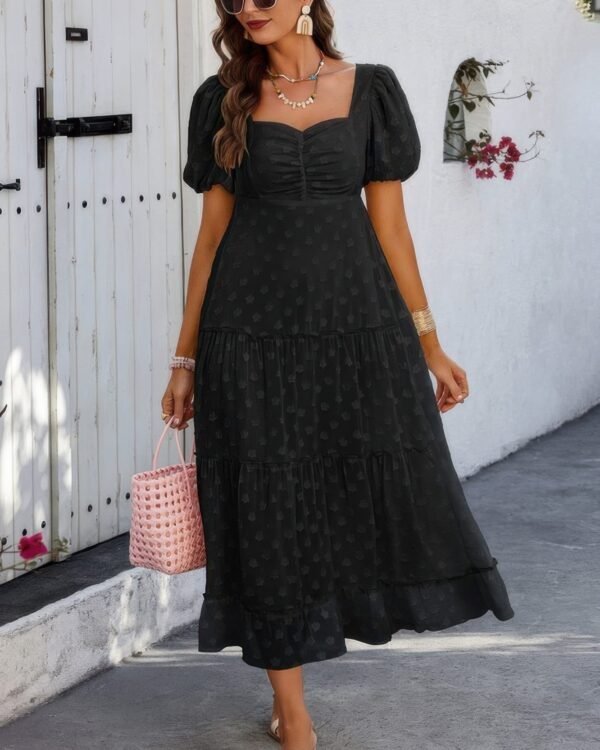 Square Neck Swiss Dot Ruffle Puff Sleeves Dress