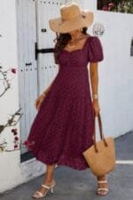 Square Neck Swiss Dot Ruffle Puff Sleeves Dress