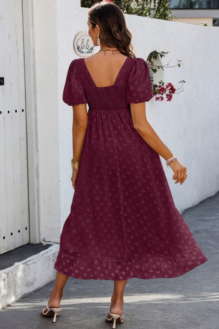Square neck swiss dot ruffle puff sleeves dress - image 5