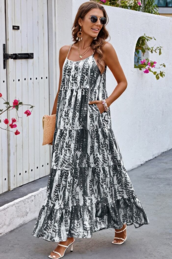 Allover print sleeveless pockets color block dress - image 1