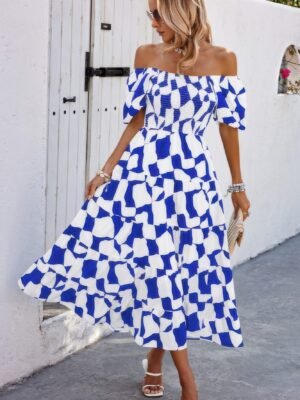Allover Print Off Shoulder Ruched Ruffle Dress
