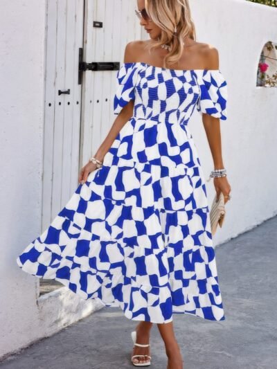 Allover Print Off Shoulder Ruched Ruffle Dress