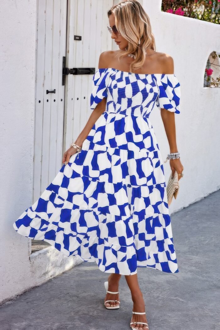 Allover print off shoulder ruched ruffle dress - image 1