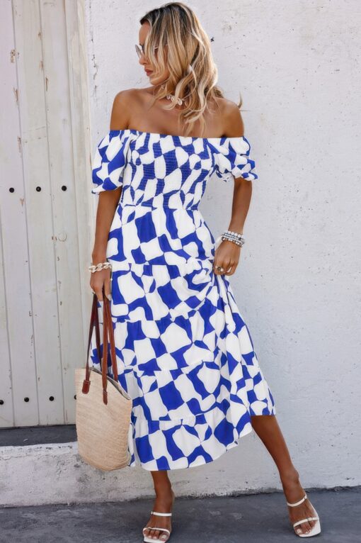 Allover Print Off Shoulder Ruched Ruffle Dress - Image 2