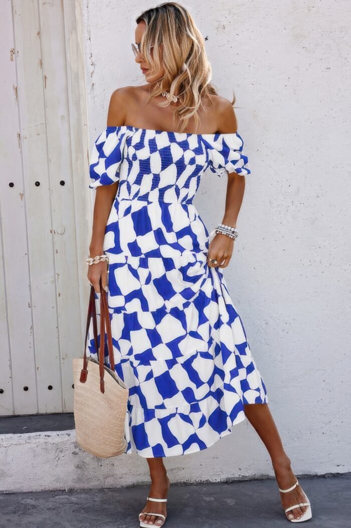 Allover print off shoulder ruched ruffle dress - image 2