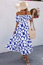 Allover Print Off Shoulder Ruched Ruffle Dress