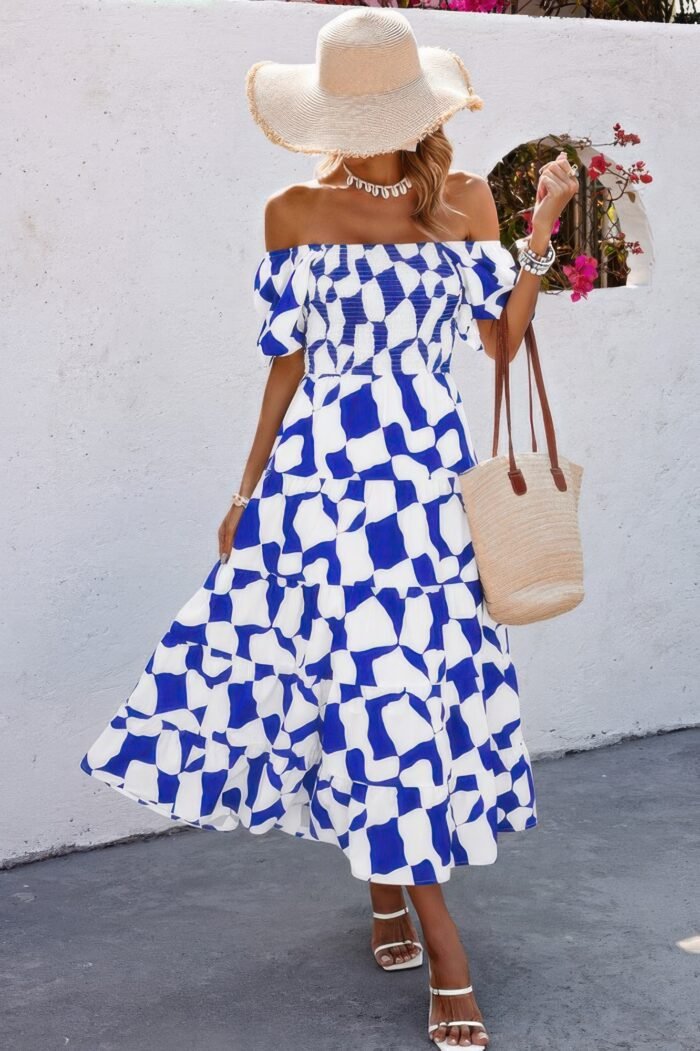 Allover print off shoulder ruched ruffle dress - image 3