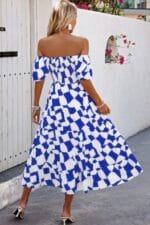 Allover Print Off Shoulder Ruched Ruffle Dress
