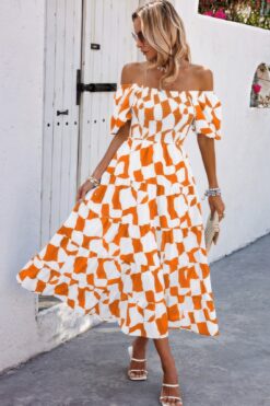 Allover Print Off Shoulder Ruched Ruffle Dress