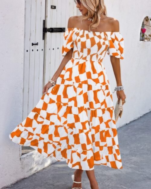 allover print off shoulder ruched ruffle dress