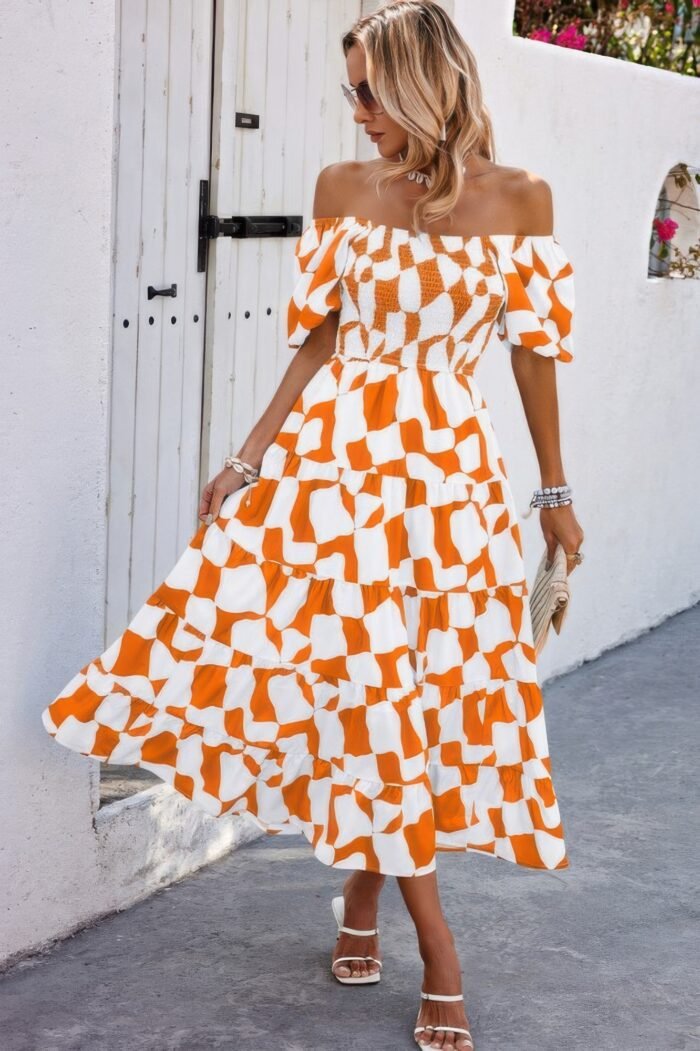 Allover print off shoulder ruched ruffle dress - image 5