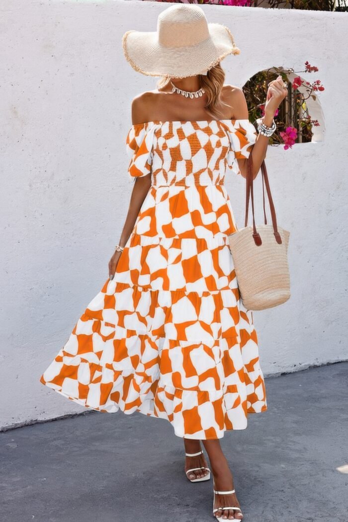Allover print off shoulder ruched ruffle dress - image 6