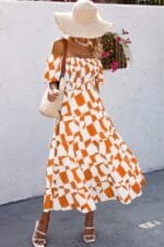 Allover Print Off Shoulder Ruched Ruffle Dress