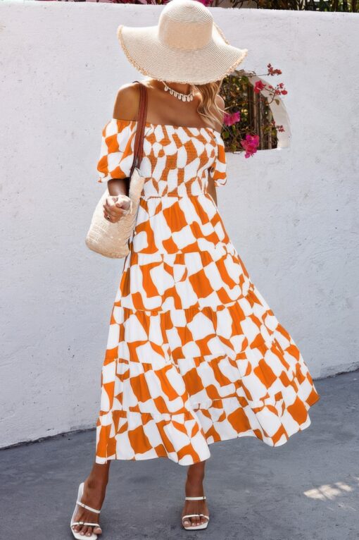 Allover Print Off Shoulder Ruched Ruffle Dress - Image 7