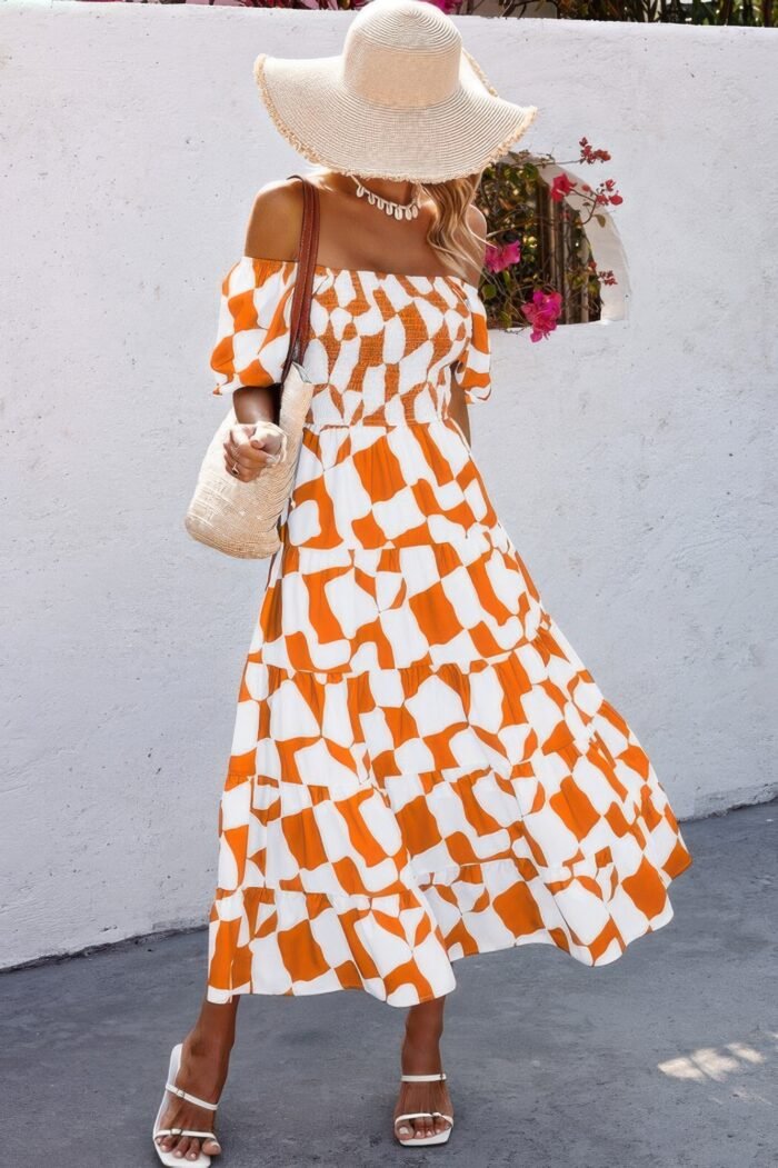 Allover print off shoulder ruched ruffle dress - image 7