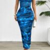 Off Shoulder Allover Print Pleated Bodycon Dress