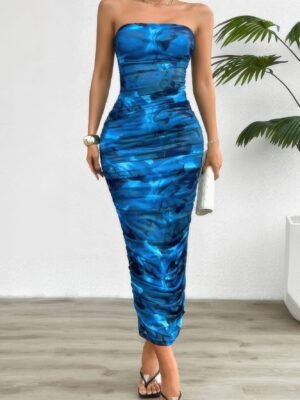 Off Shoulder Allover Print Pleated Bodycon Dress