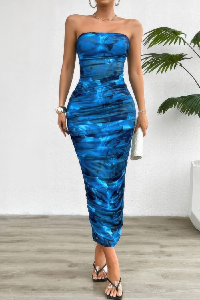 Off shoulder allover print pleated bodycon dress - image 1