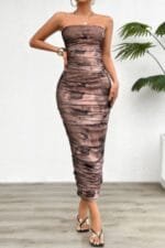 Off Shoulder Allover Print Pleated Bodycon Dress