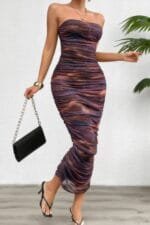 Off Shoulder Allover Print Pleated Bodycon Dress