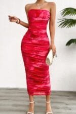 Off Shoulder Allover Print Pleated Bodycon Dress