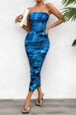 Off Shoulder Allover Print Pleated Bodycon Dress