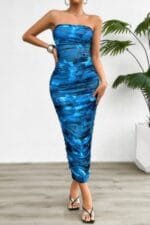 Off Shoulder Allover Print Pleated Bodycon Dress