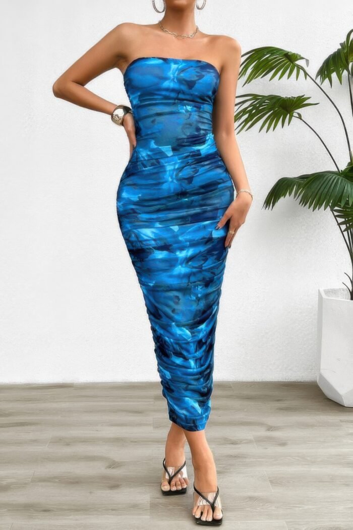 Off shoulder allover print pleated bodycon dress - image 6