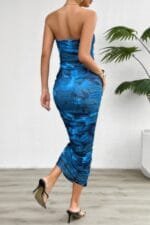 Off Shoulder Allover Print Pleated Bodycon Dress