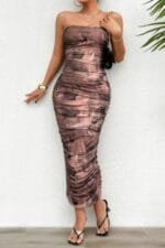 Off Shoulder Allover Print Pleated Bodycon Dress