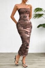 Off Shoulder Allover Print Pleated Bodycon Dress