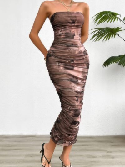 Off Shoulder Allover Print Pleated Bodycon Dress Off Shoulder Allover Print Pleated Bodycon Dress