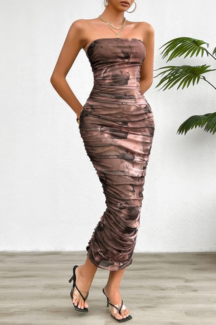 Off shoulder allover print pleated bodycon dress - image 9