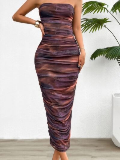 Off Shoulder Allover Print Pleated Bodycon Dress Off Shoulder Allover Print Pleated Bodycon Dress