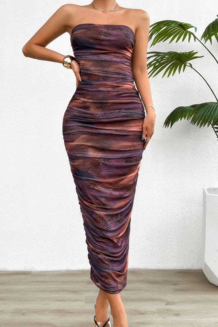Off shoulder allover print pleated bodycon dress - image 10