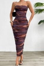 Off Shoulder Allover Print Pleated Bodycon Dress