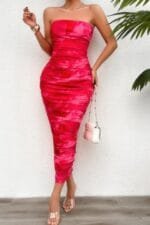 Off Shoulder Allover Print Pleated Bodycon Dress