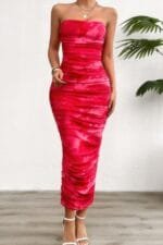 Off Shoulder Allover Print Pleated Bodycon Dress