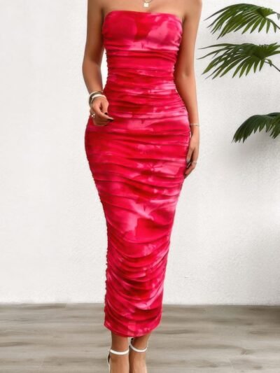 Off Shoulder Allover Print Pleated Bodycon Dress Off Shoulder Allover Print Pleated Bodycon Dress