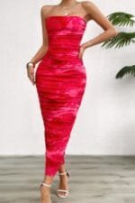 Off Shoulder Allover Print Pleated Bodycon Dress