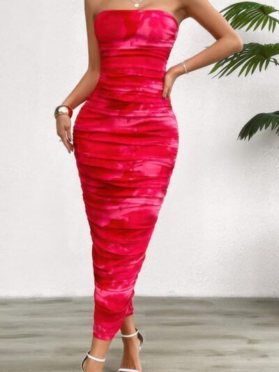 Off Shoulder Allover Print Pleated Bodycon Dress Off Shoulder Allover Print Pleated Bodycon Dress