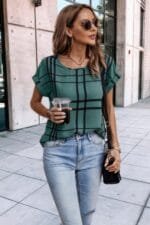 Plaid Print Notched Neckline Batwing Sleeve Blouse
