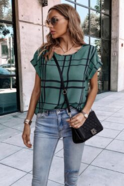 Plaid Print Notched Neckline Batwing Sleeve Blouse