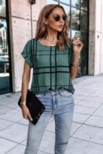 Plaid Print Notched Neckline Batwing Sleeve Blouse