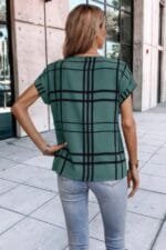 Plaid Print Notched Neckline Batwing Sleeve Blouse